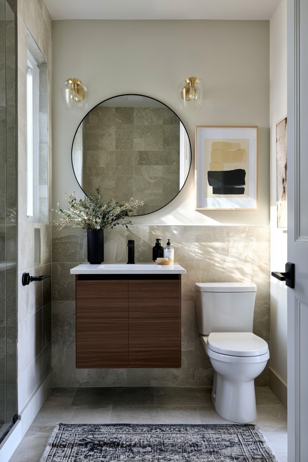 Small bathroom using one material across the floor and feature wall
