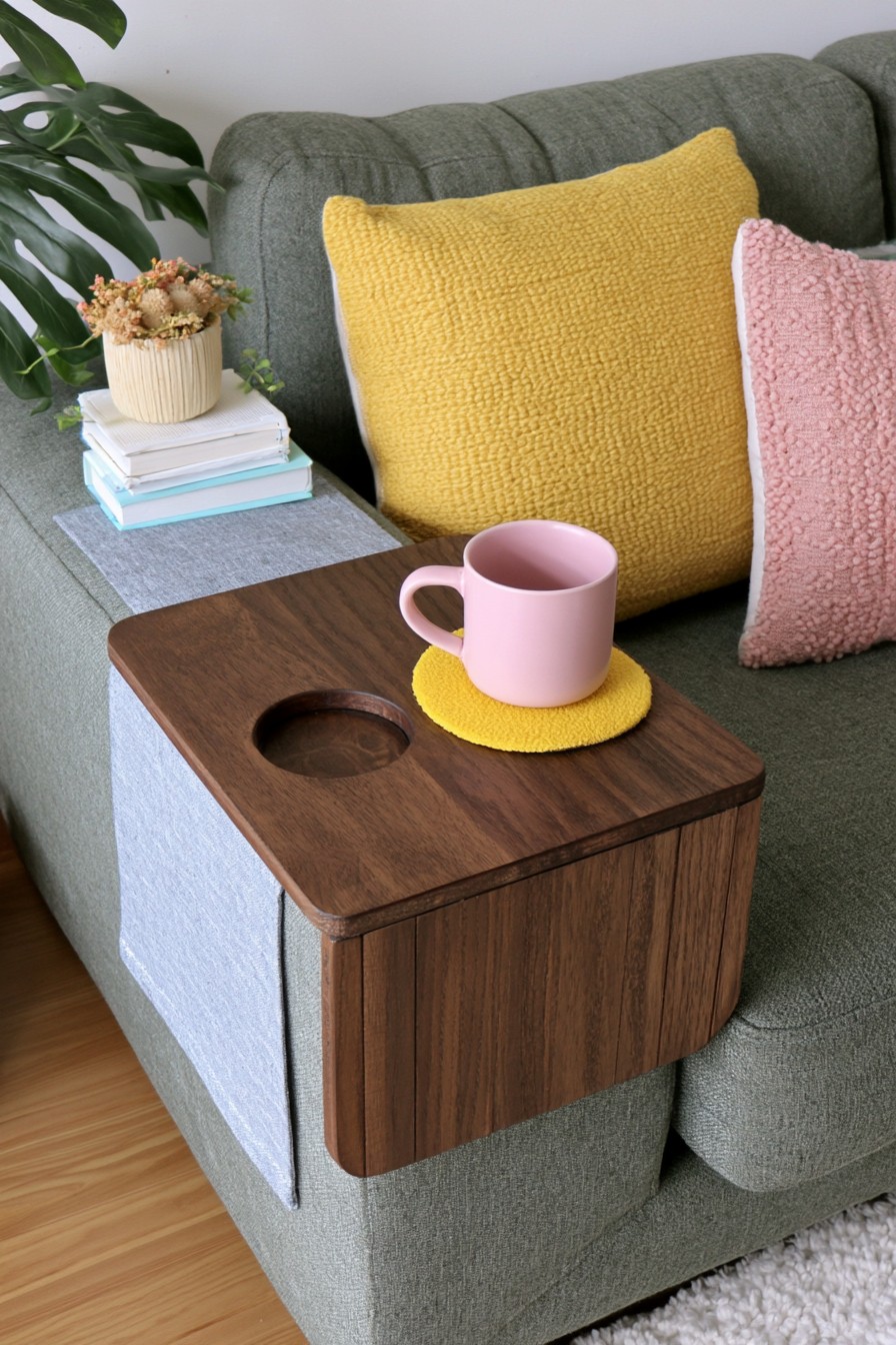 Wooden sofa arm tray with a built in cup opening
