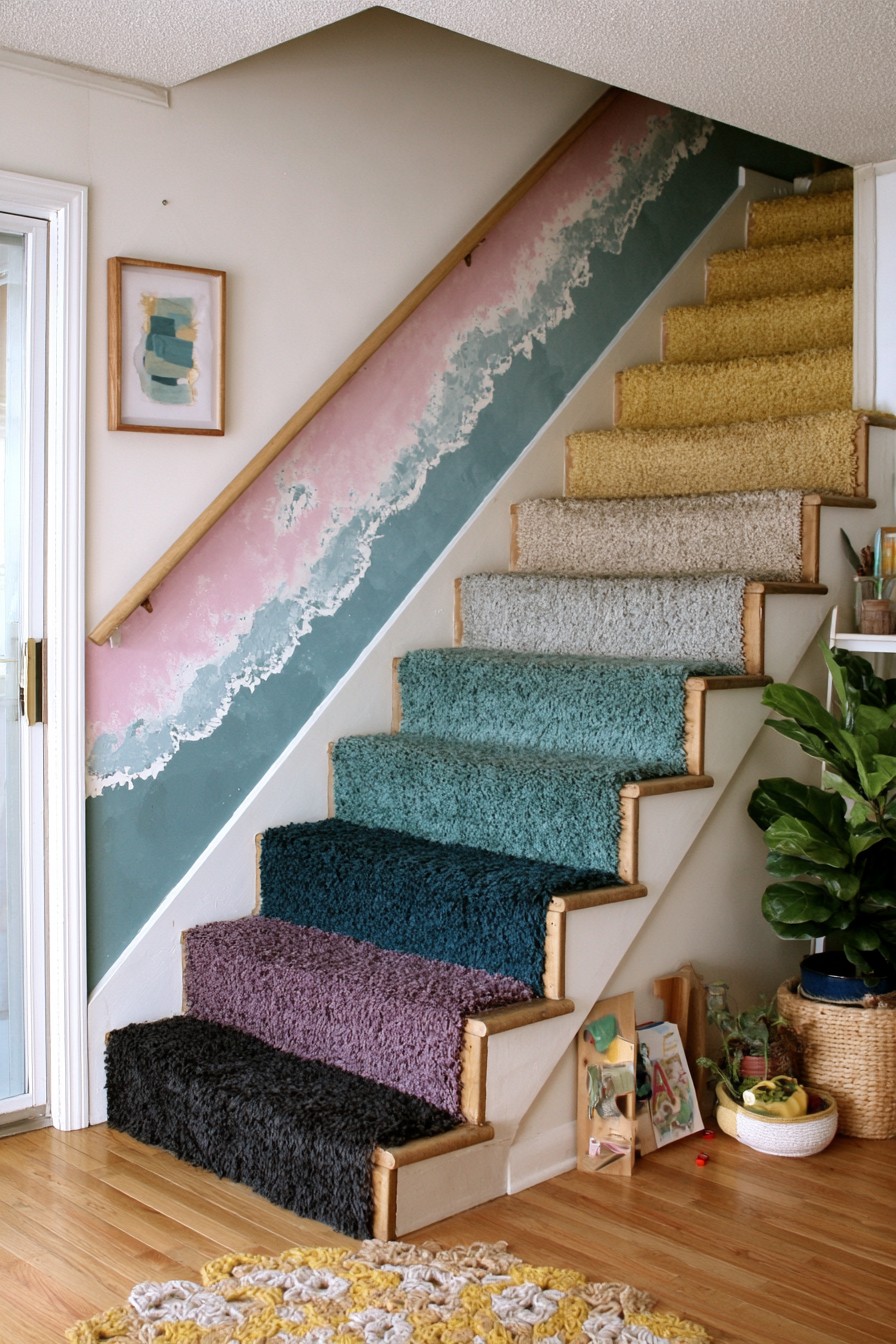 Dusty pink and blue green diagonal wall painting beside stairs