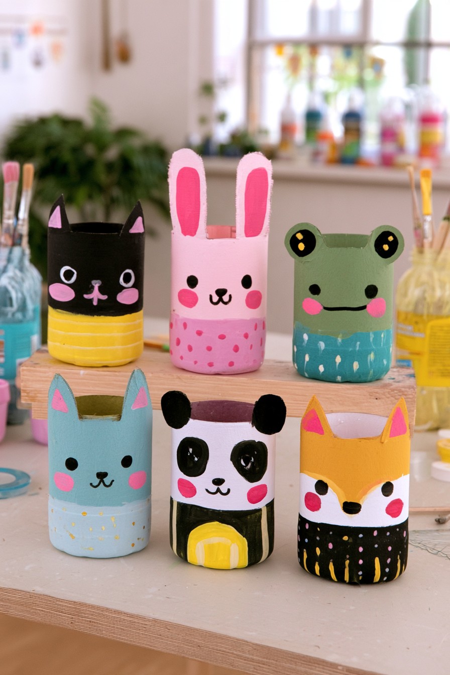 Reused plastic bottles painted as animal planters for classroom plants