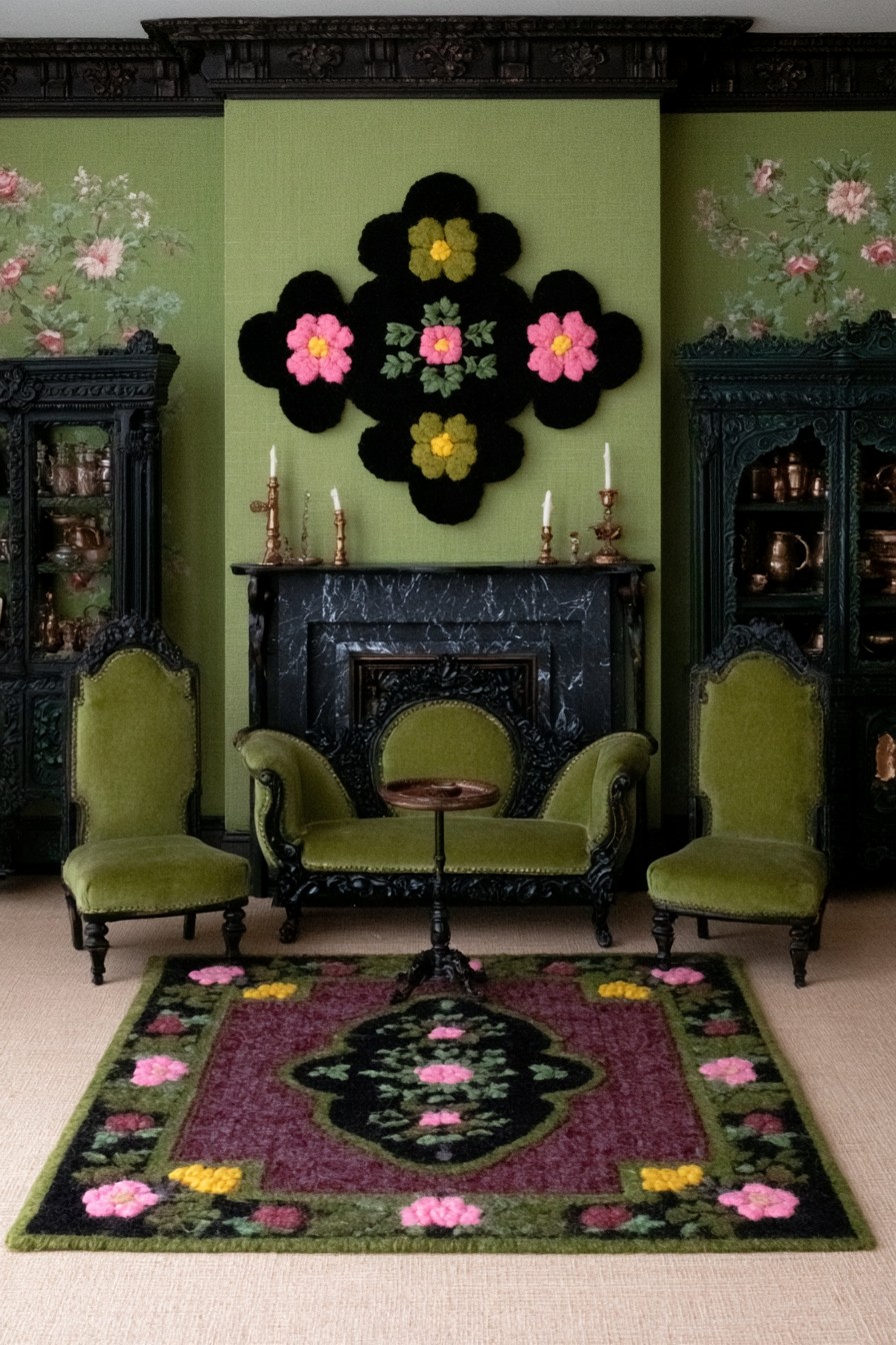 Olive green chairs and small settee beneath a black floral wall feature, with dark cabinets and fireplace