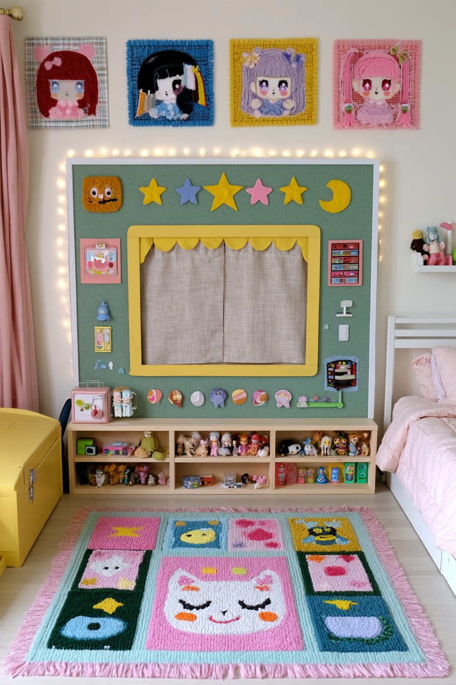 Sage and yellow puppet stage panel with a fabric curtain, stars, and open toy shelves beneath