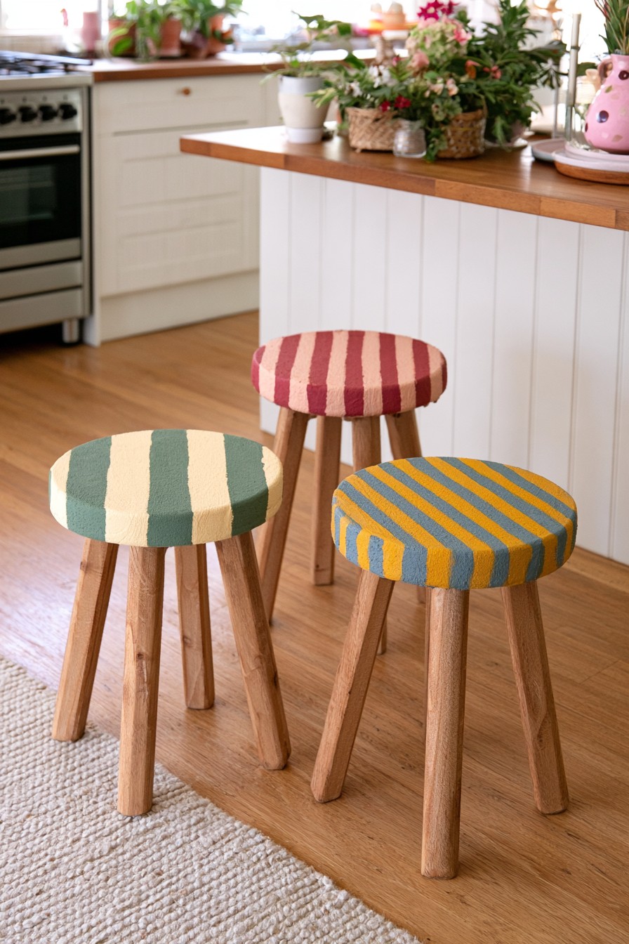 Three wooden stools with sage rose mustard and blue striped painted seats