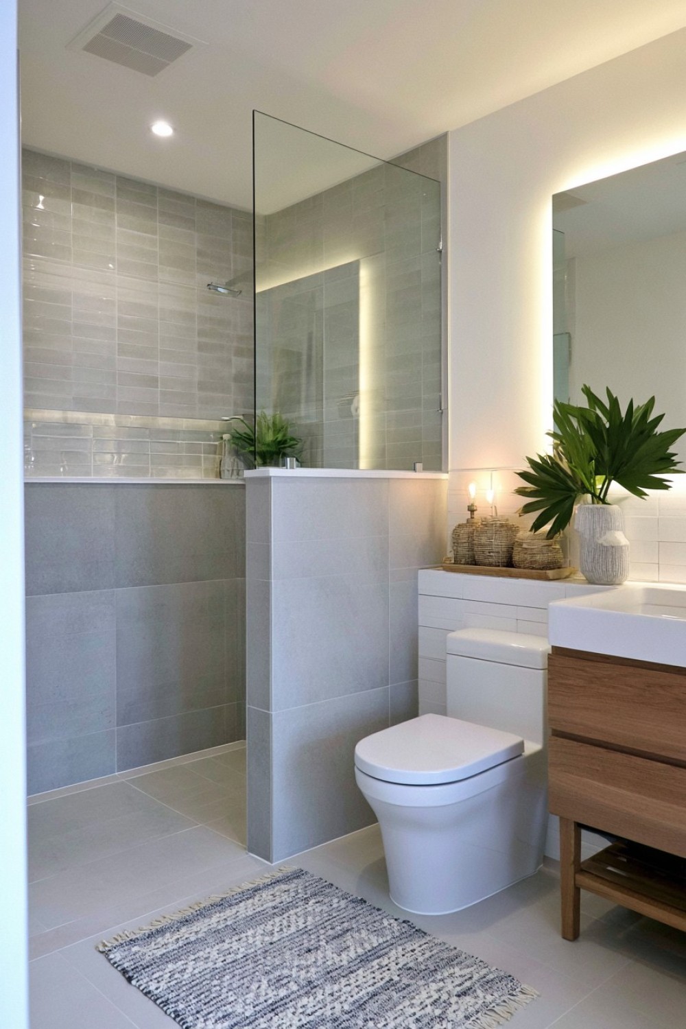 Small bathroom with a half-height shower divider