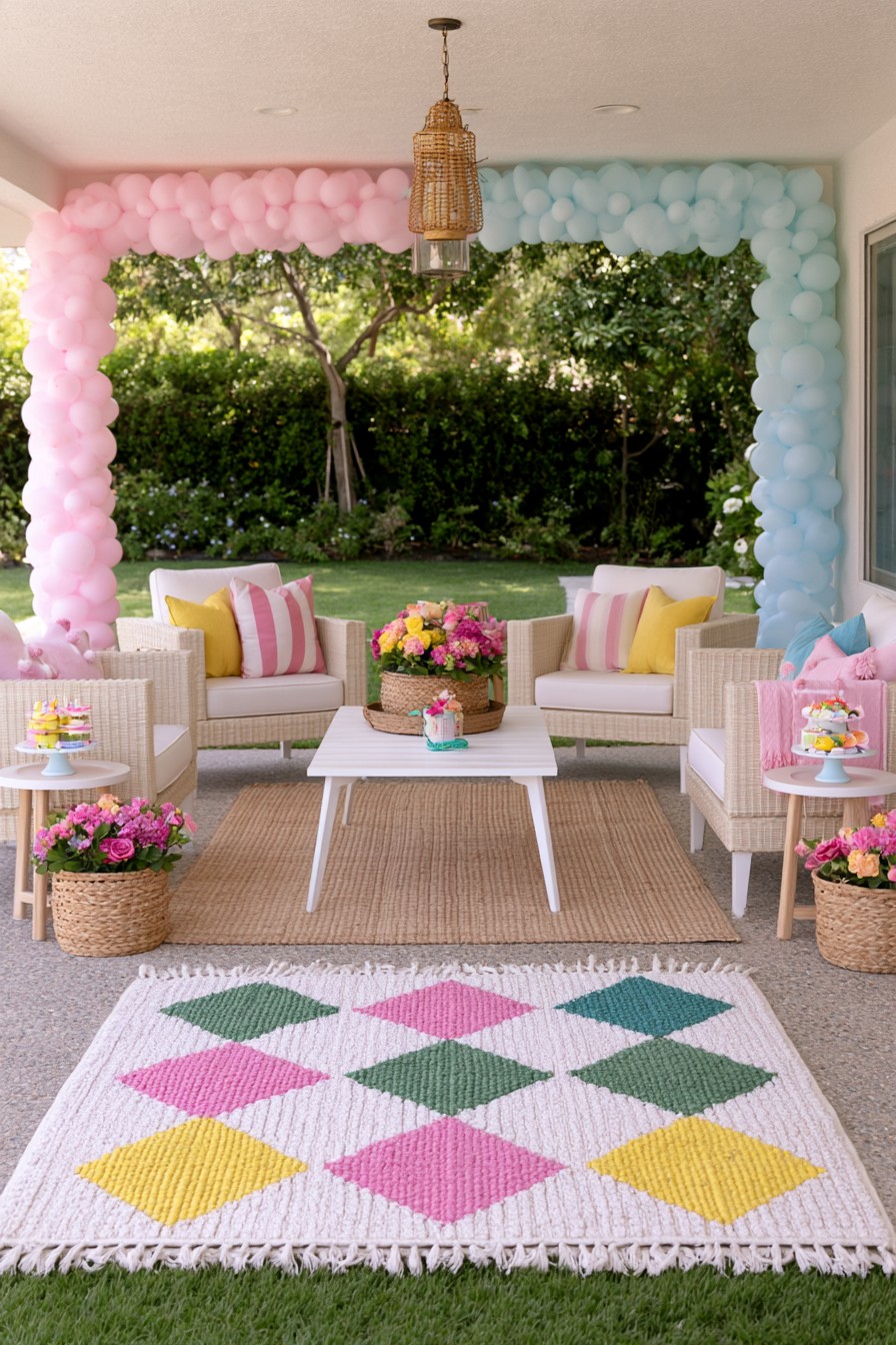 Garden gender reveal lounge with woven chairs pink blue balloons flowers and rugs