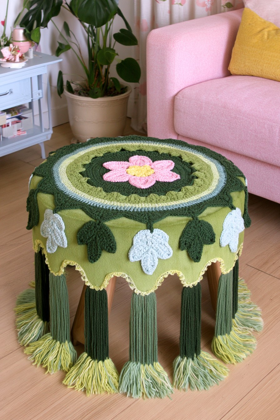 Floral crochet ottoman cover with layered green tassels