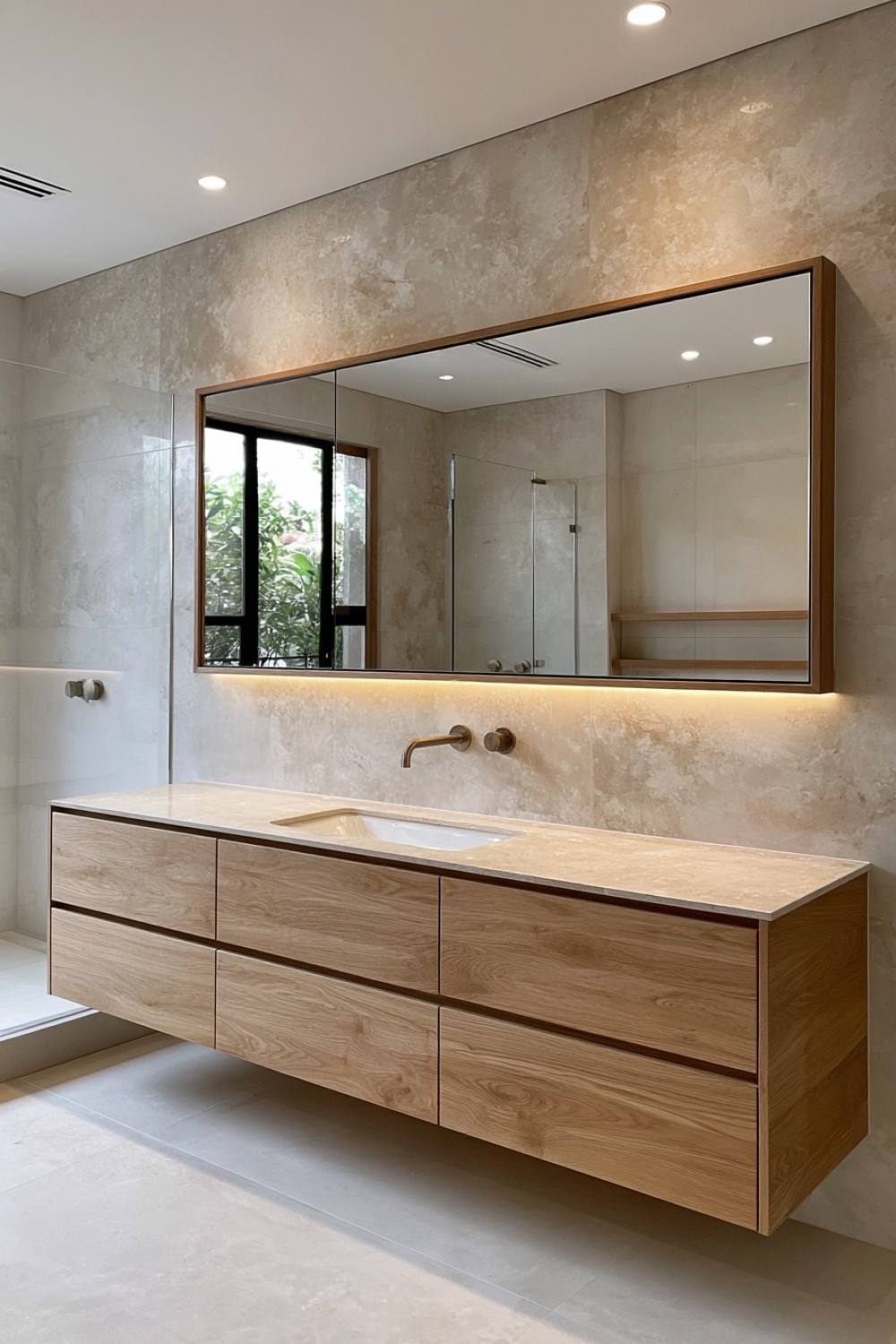 Contemporary bathroom combining warm oak and soft concrete surfaces