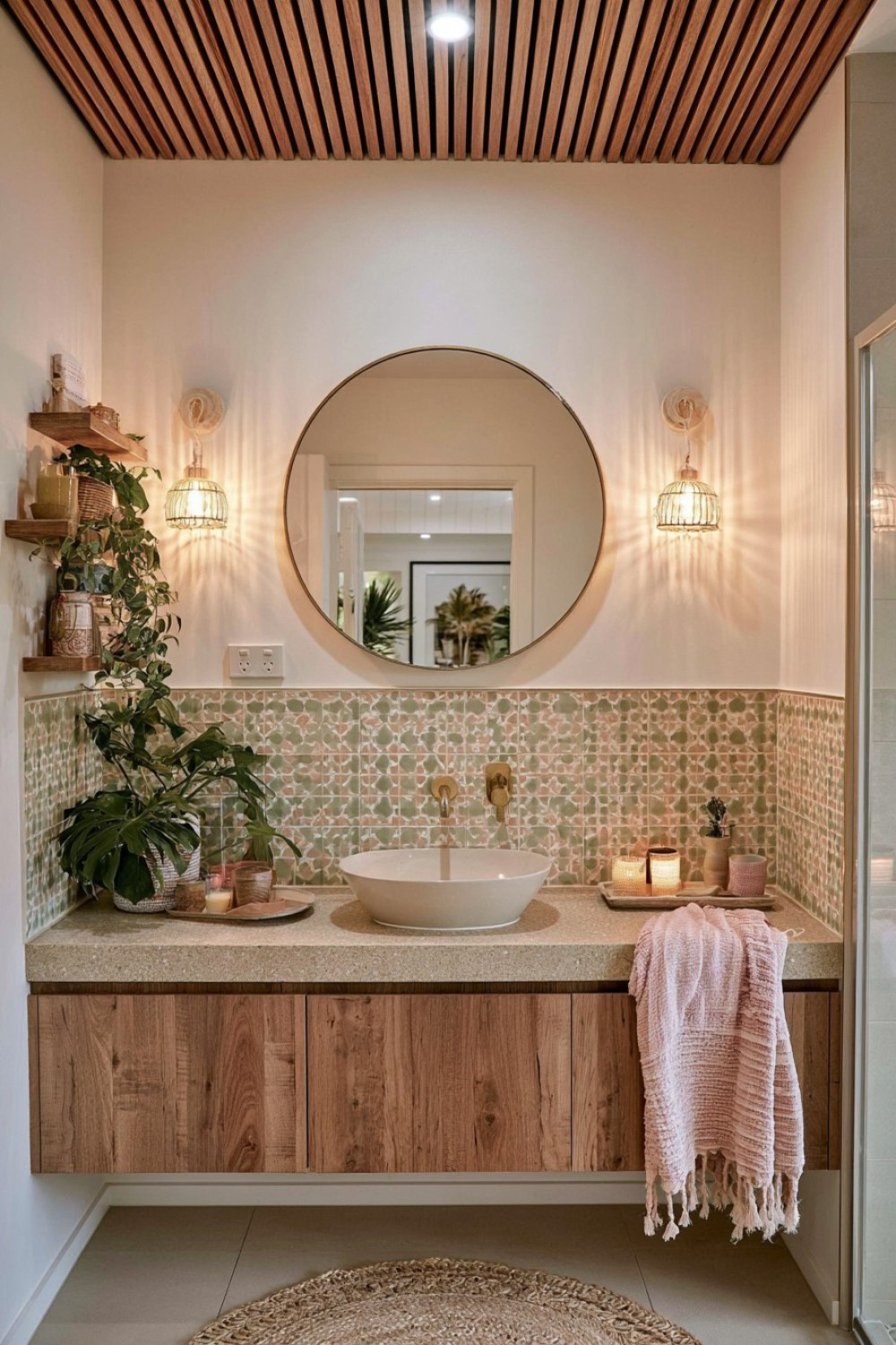 Ceiling-level timber detailing in an earthy boho bathroom