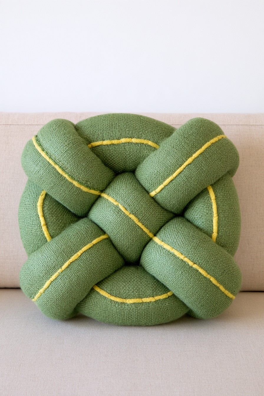 Sculptural green knot pillow with yellow contrast stitching