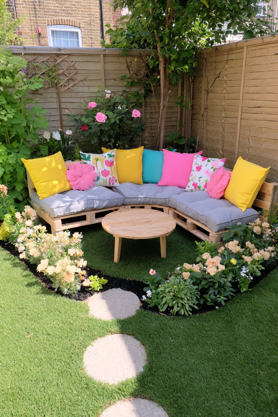 Straight pallet seat modules arranged at angles around a flower border