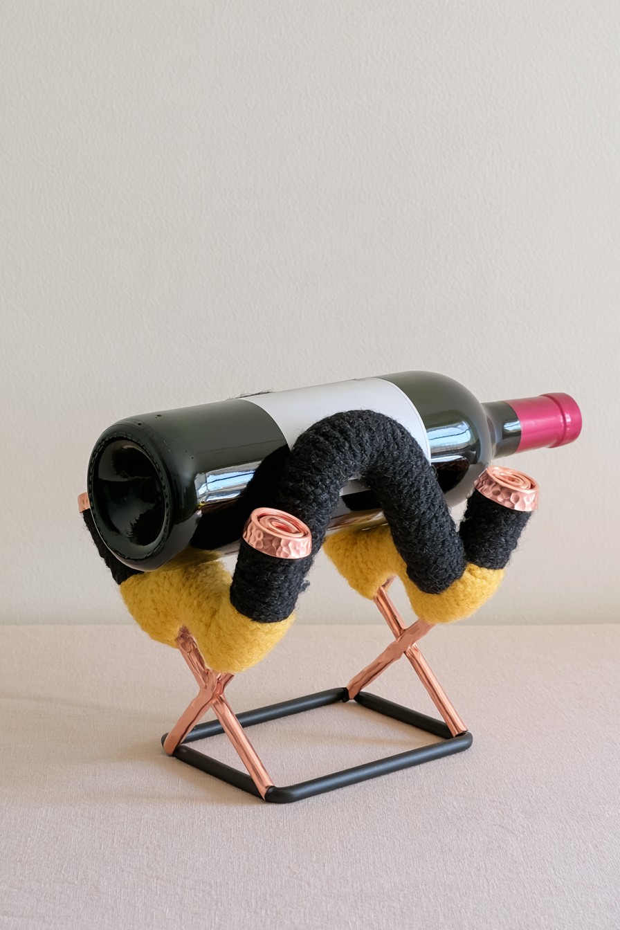 Sculptural copper wire bottle holder with padded textile supports