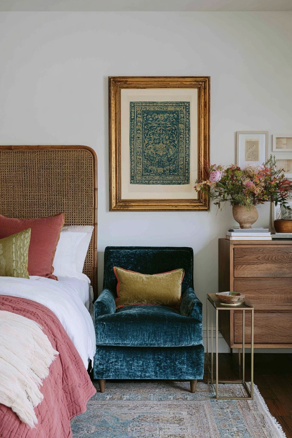 Eclectic bedroom combining cane, velvet, timber, and metal furniture