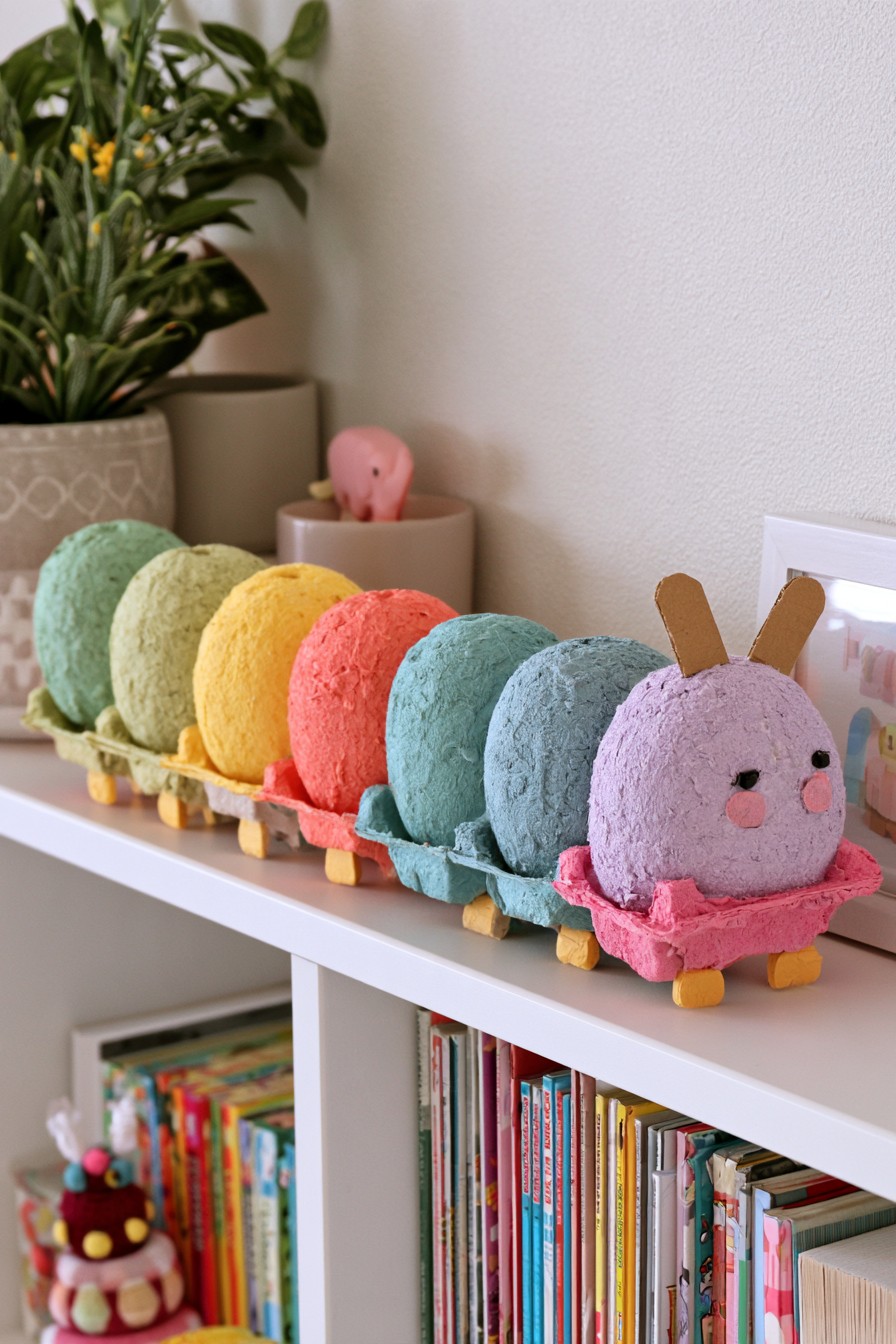 Colorful caterpillar shelf decoration made with recycled egg carton pieces