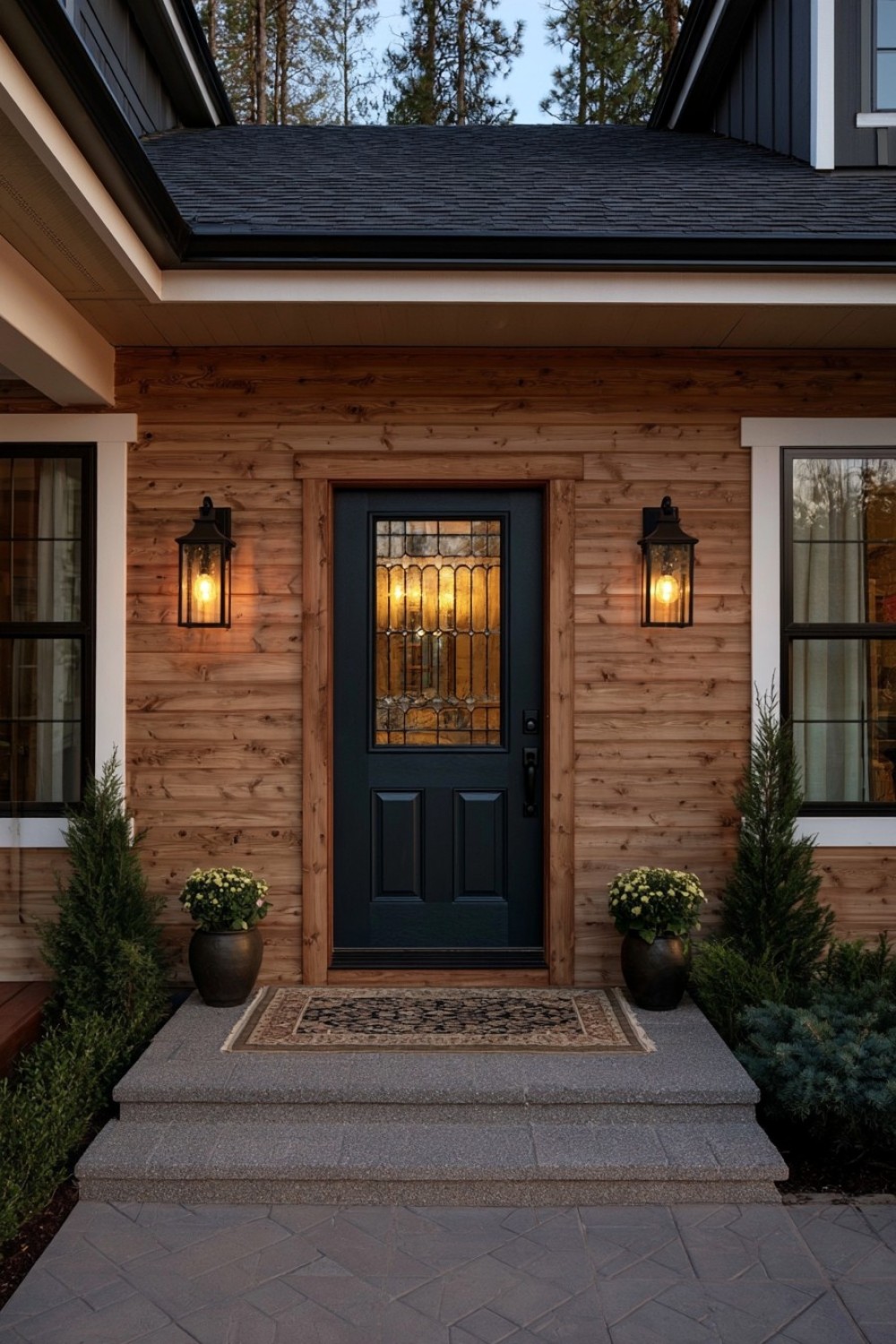 7. Black Fixtures Against Natural Wood Siding