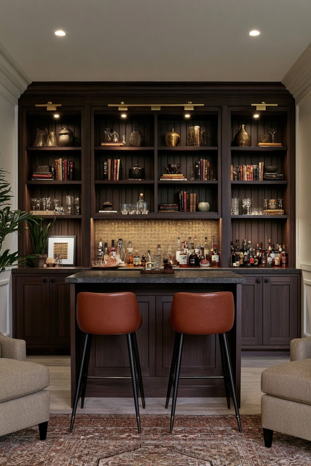 Library-inspired basement bar with organized glassware shelves