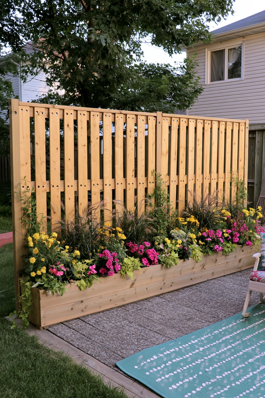 Wood privacy screen combined with a planting box