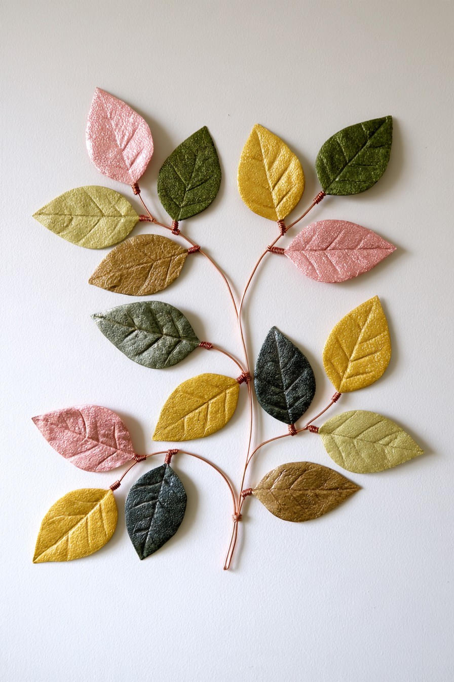 Sculptural copper wire branch with colorful textured metal leaves