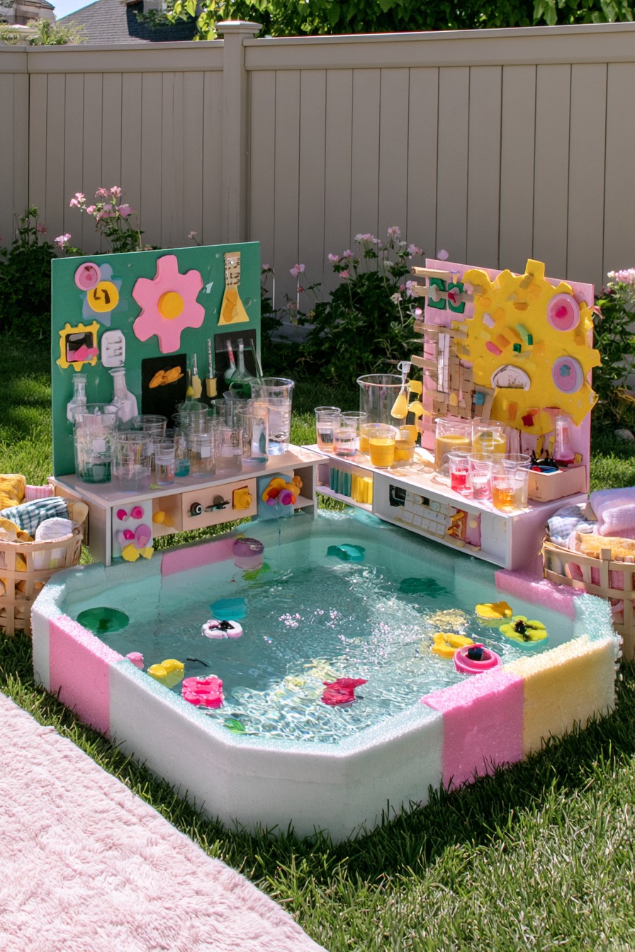 Pool beside shelves of clear measuring containers and a colorful gear-themed panel