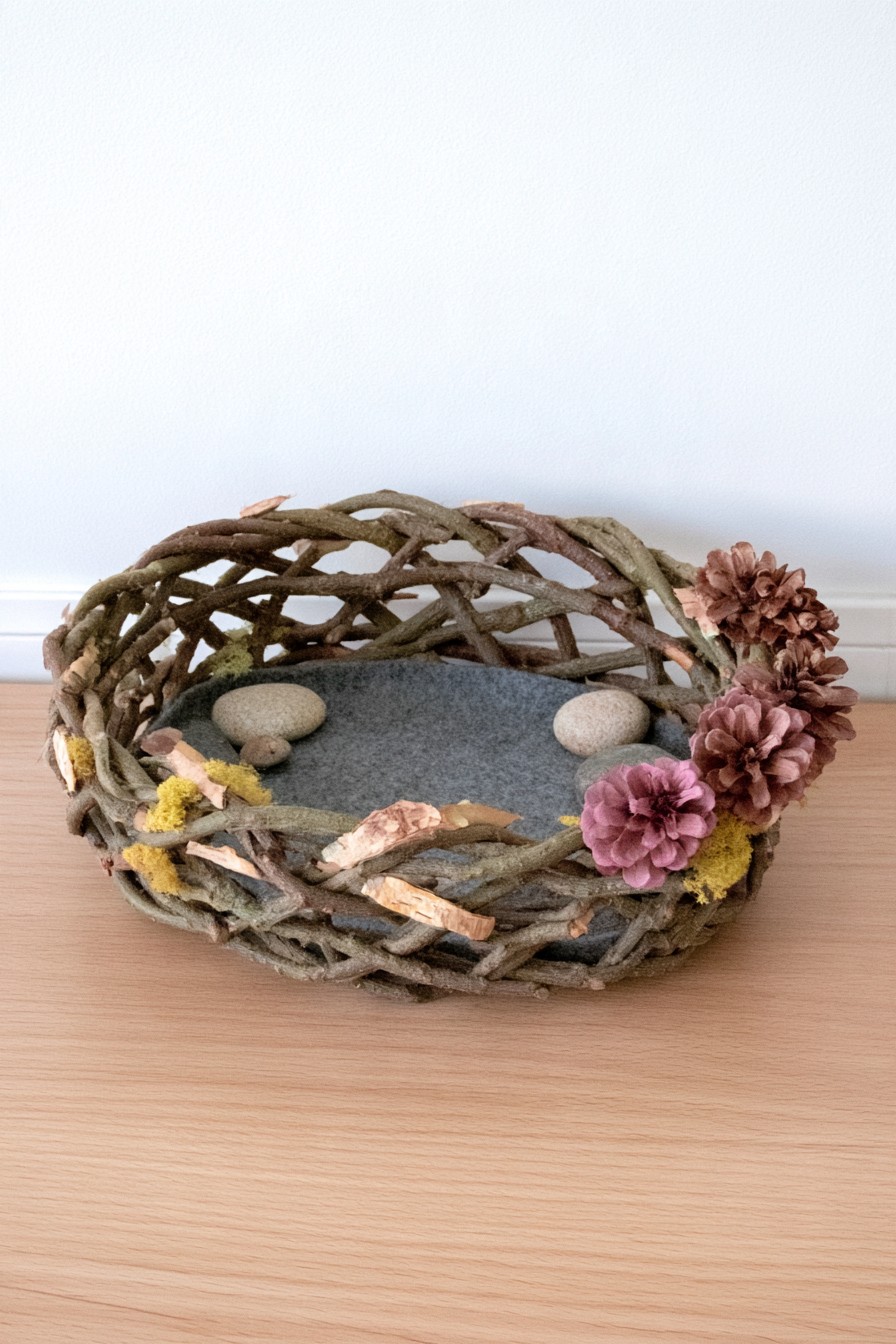 Open woven twig bowl with pinecones, bark, moss, and smooth stones