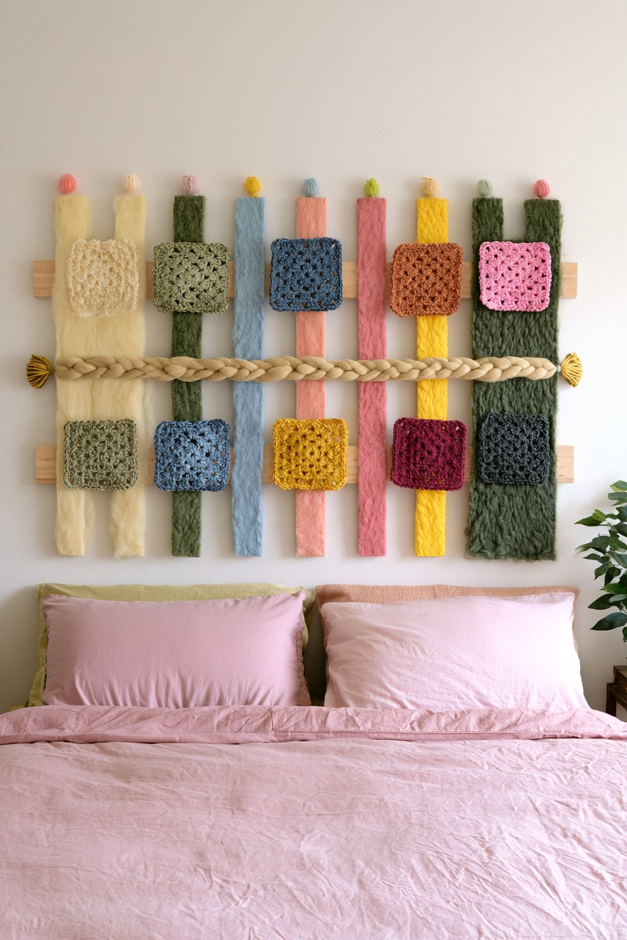 Large crochet and yarn wall hanging displayed above a bed
