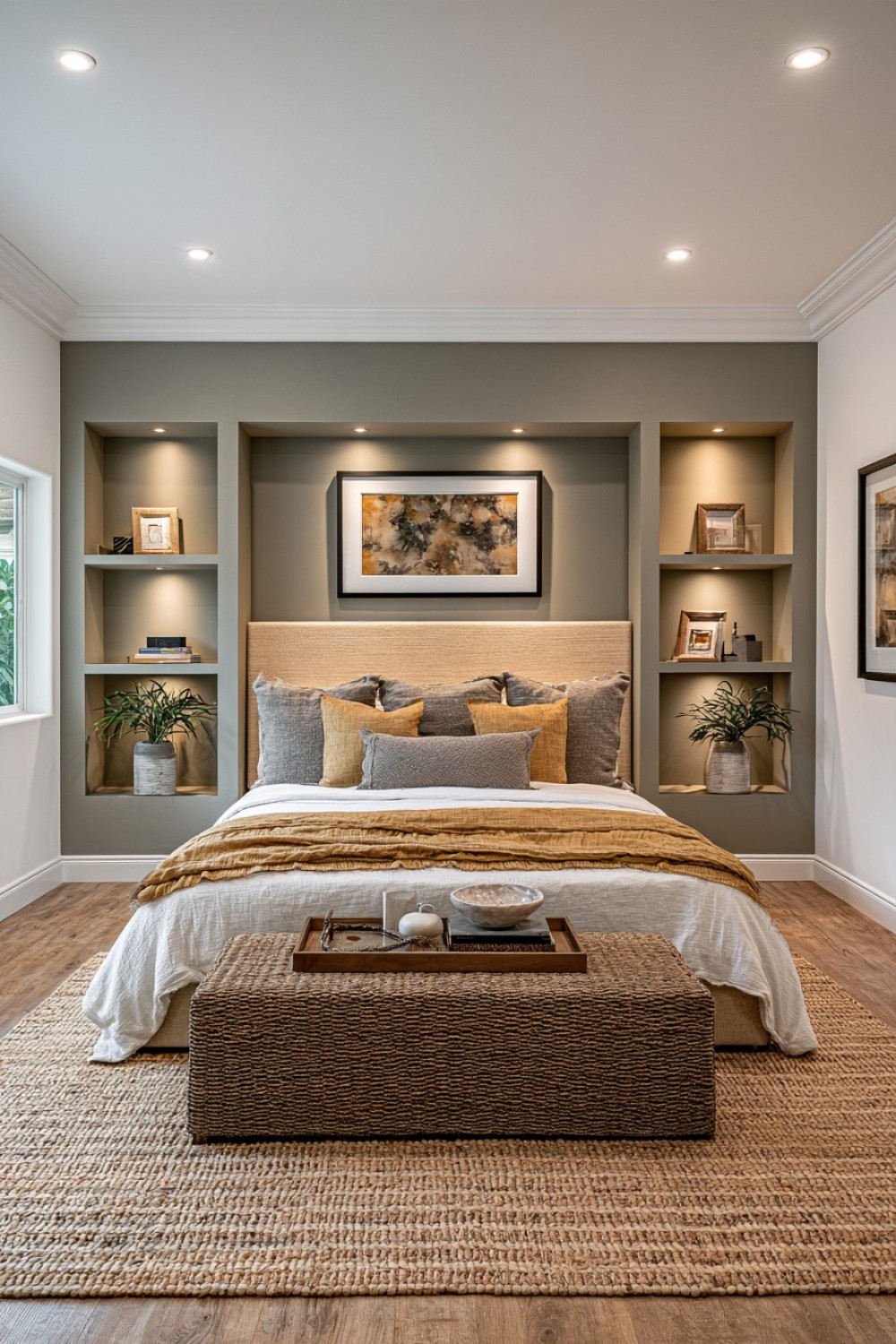 Freestanding storage screen positioned behind a basement guest bed