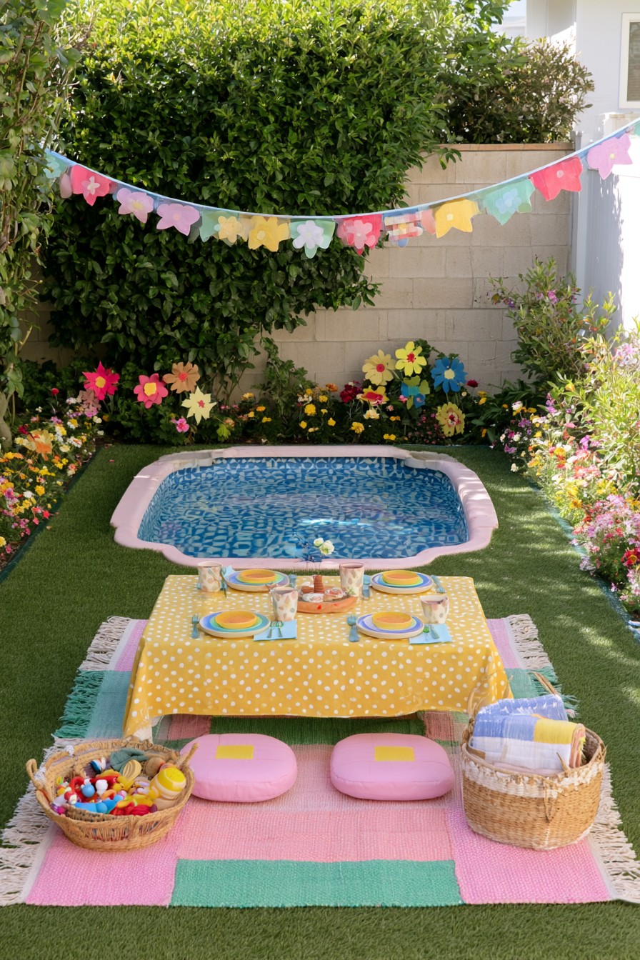 Backyard pool beside a polka-dot picnic table, pastel seating cushions, and towel baskets