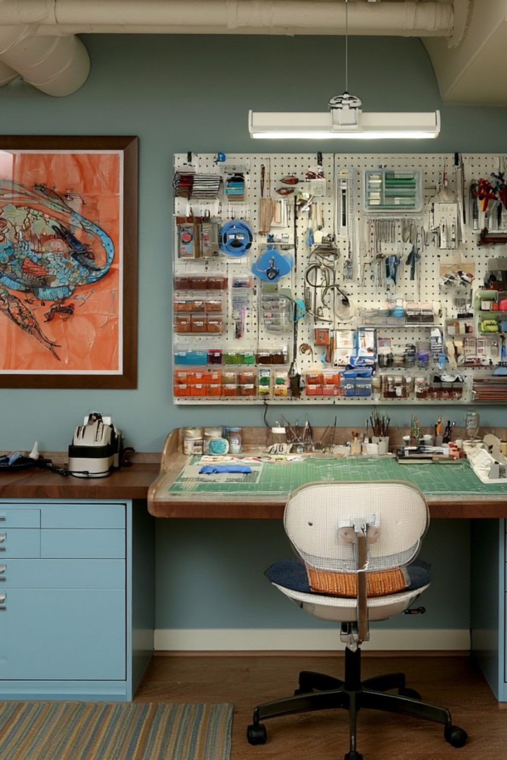 Compact basement hobby station with organized tools and supplies