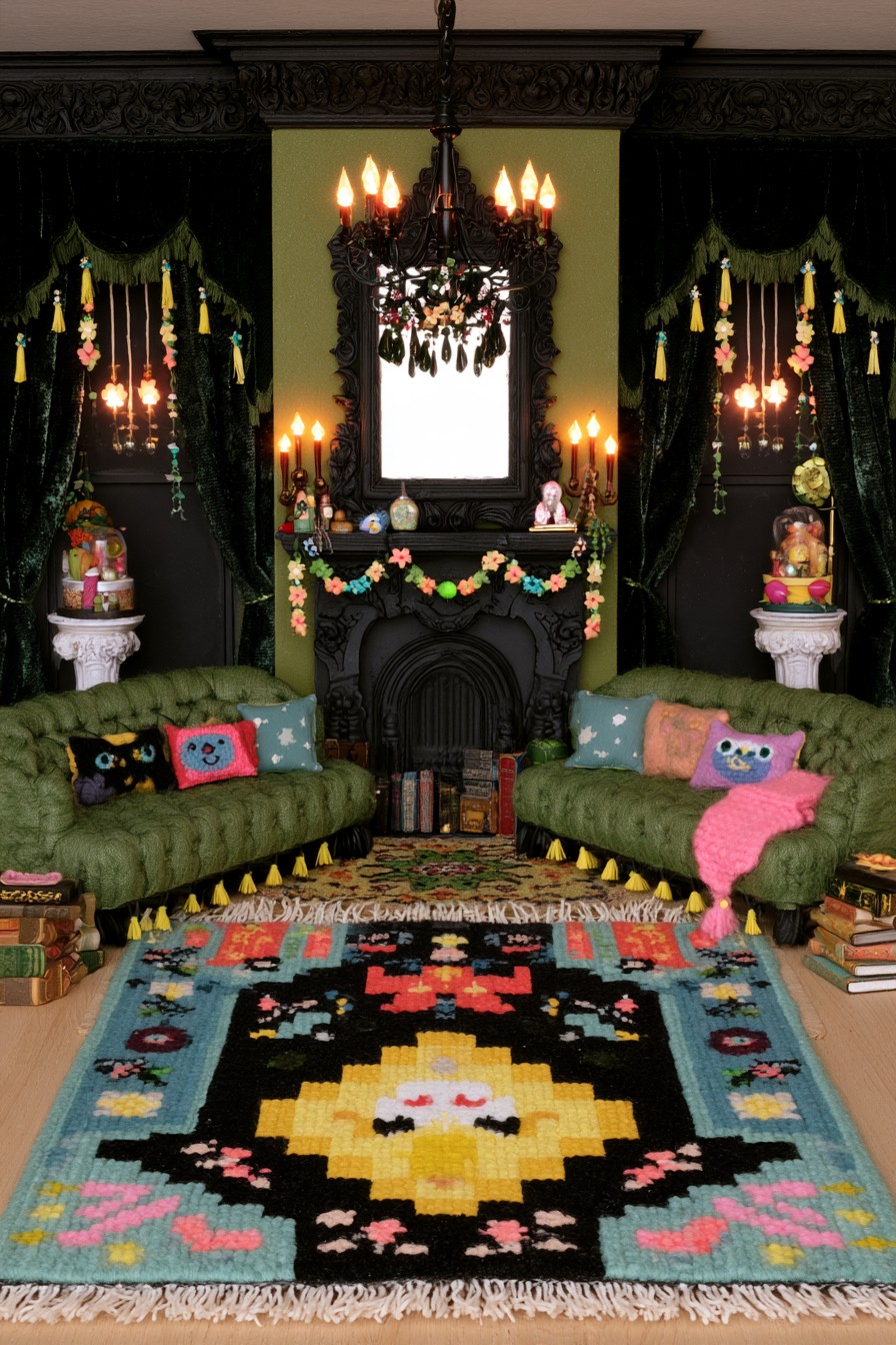 Two green tufted sofas with yellow tassels beneath an ornate dark mirror, black drapes, and colorful garlands