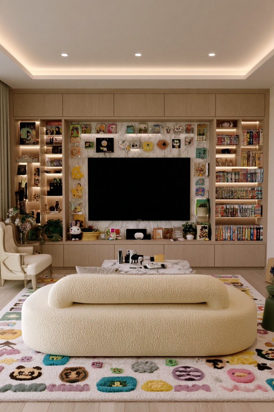 Timber built in cabinets and illuminated shelves around a pale television panel, facing a rounded cream sofa