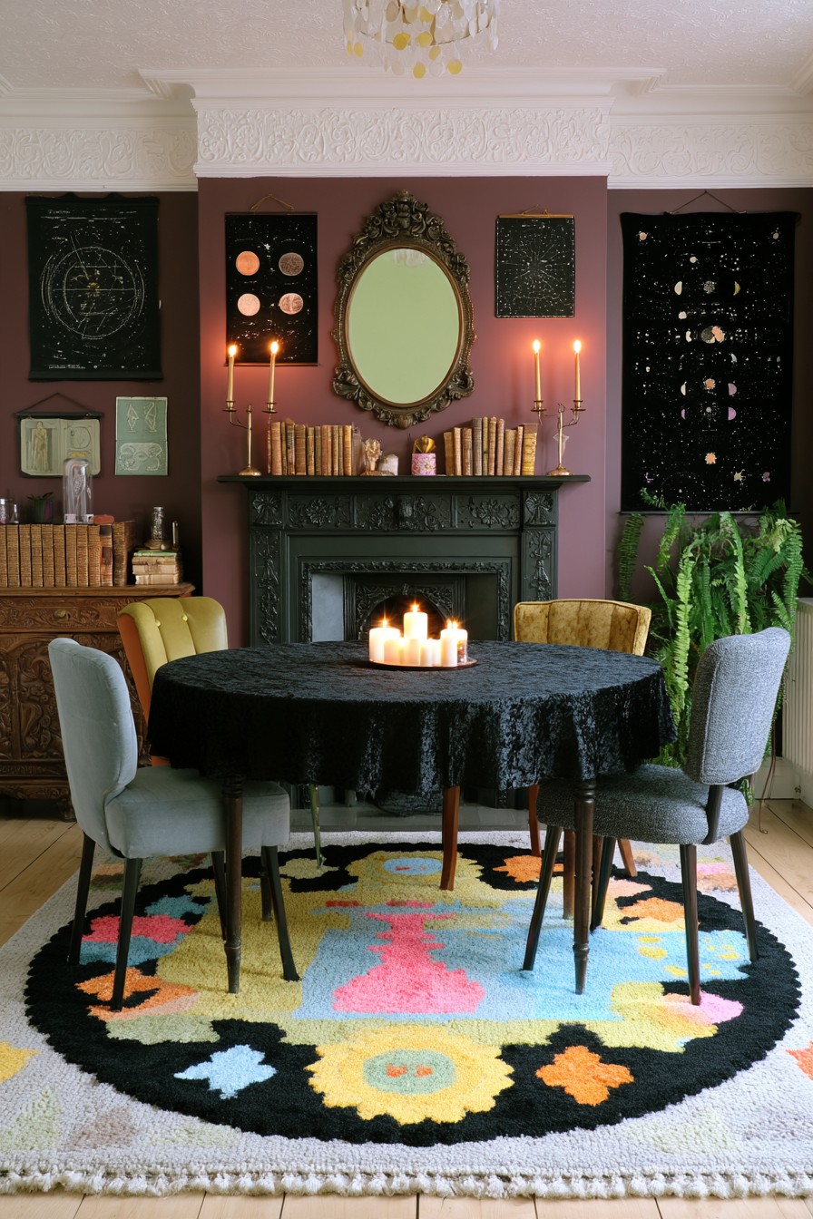 Round black draped table with mixed upholstered chairs, celestial wall charts, and a dark fireplace against mauve walls