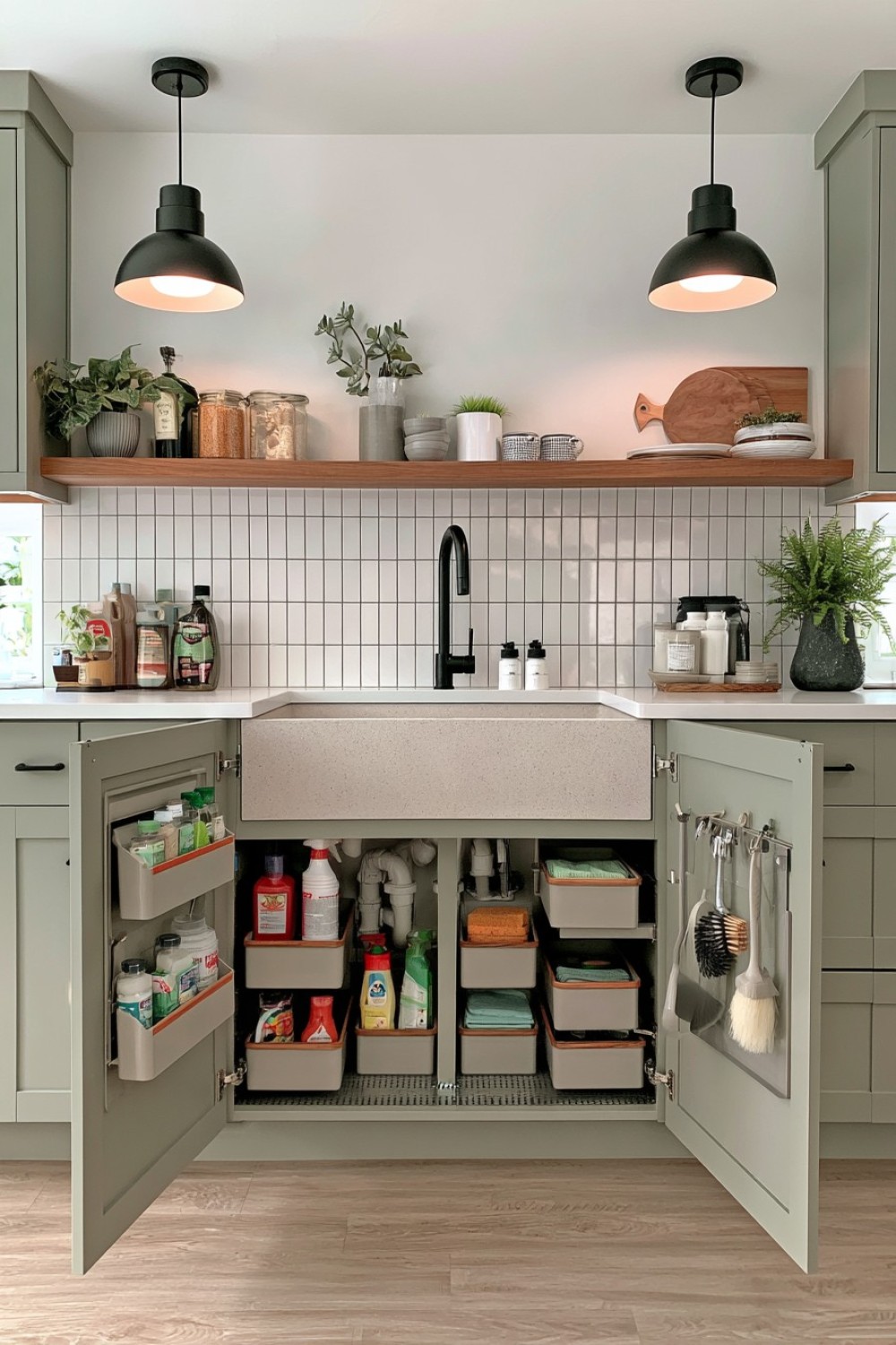 Kitchen sink cabinet organized into practical cleaning zones