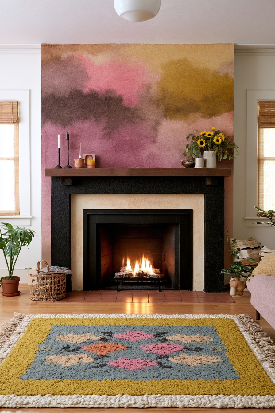 Abstract pink plum brown and mustard watercolor fireplace wall