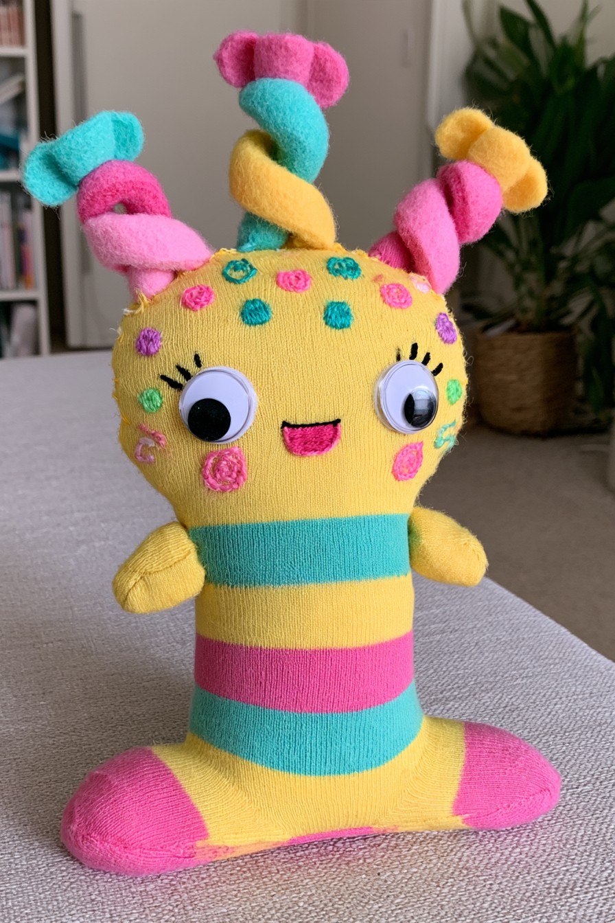 Yellow candy creature with turquoise and pink stripes, twisted colorful antennae and sprinkle details