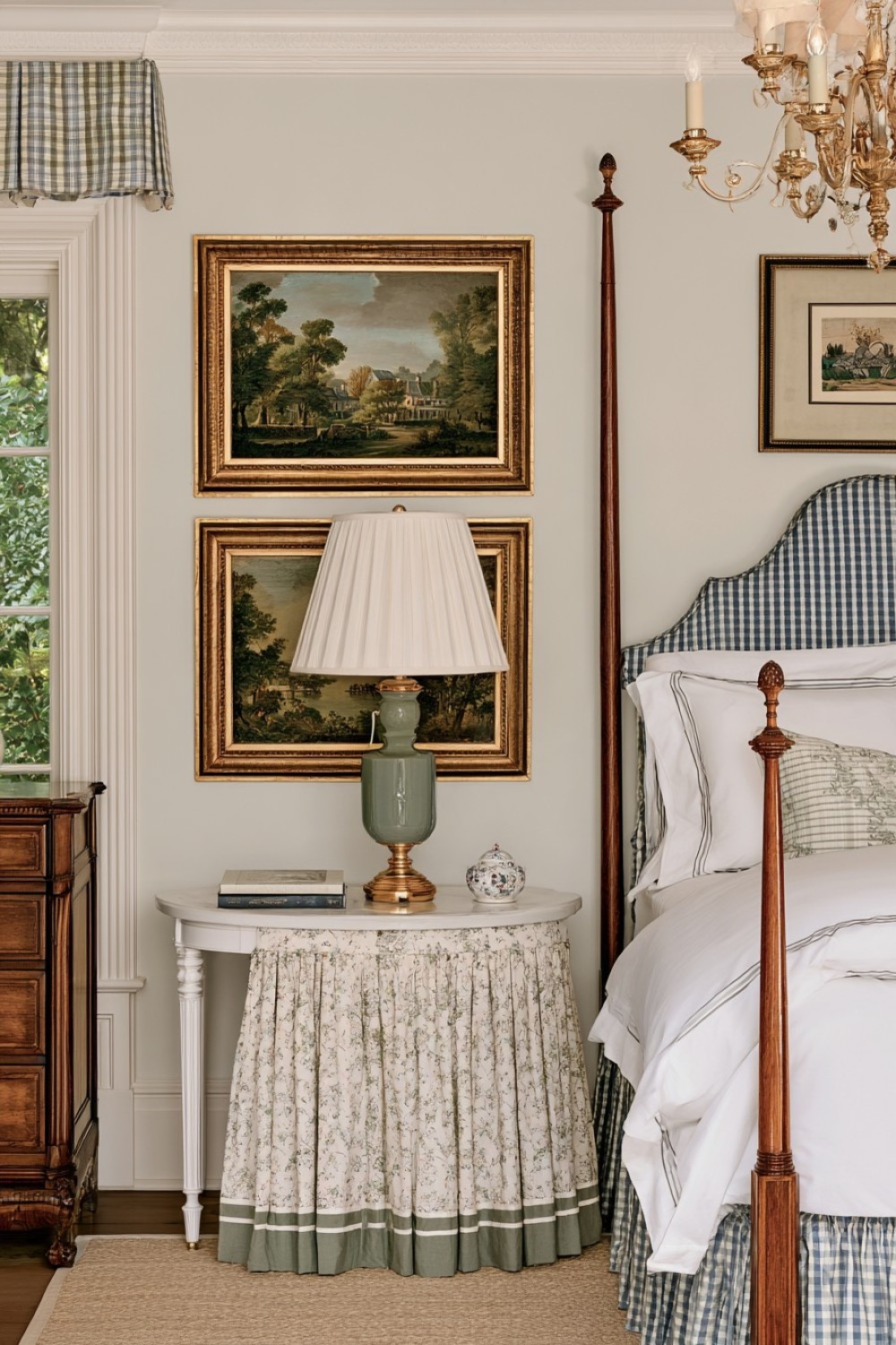 Tailored fabric skirt covering a traditional bedside table