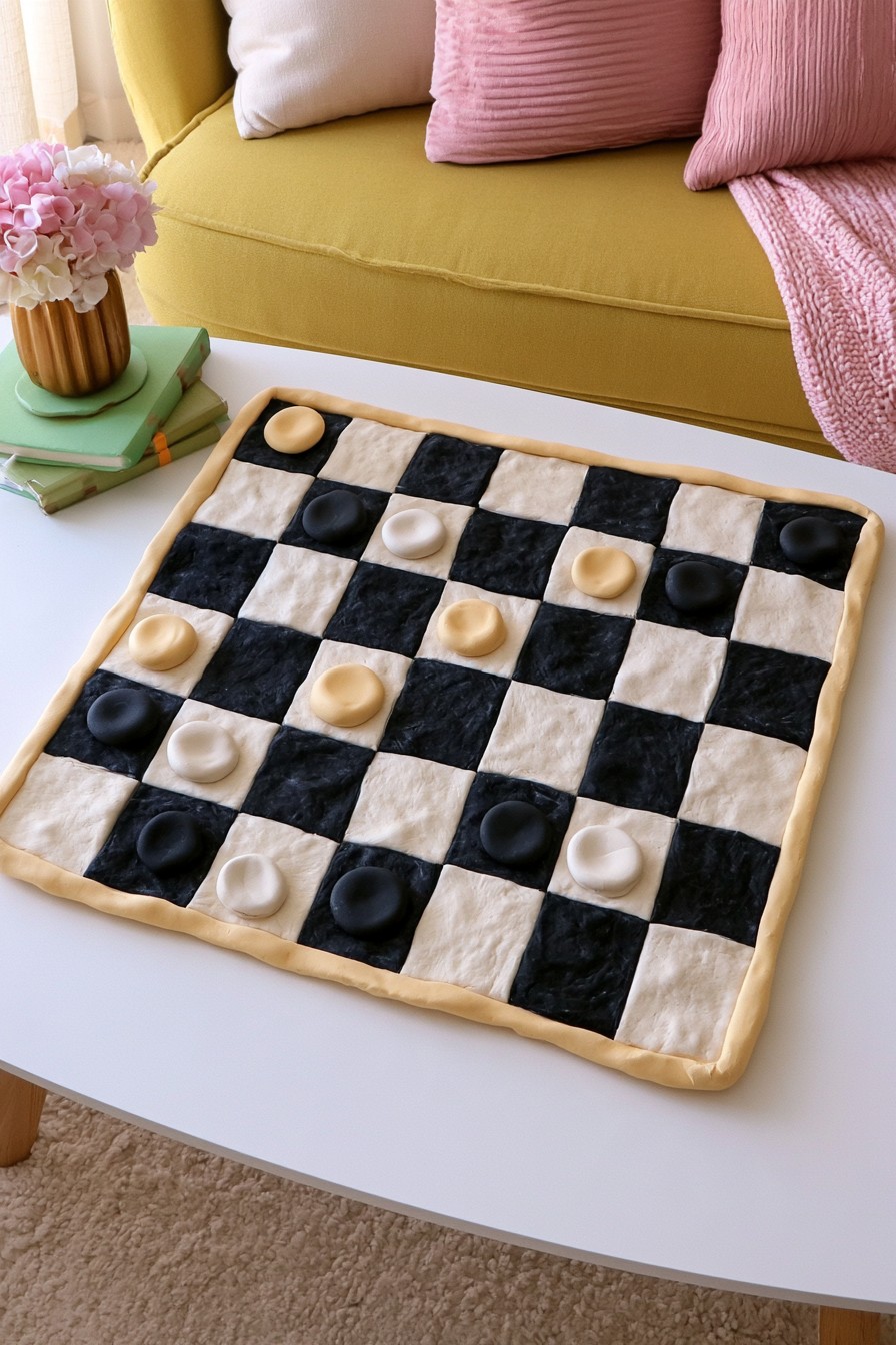 Handmade air dry clay checkerboard game and playing pieces