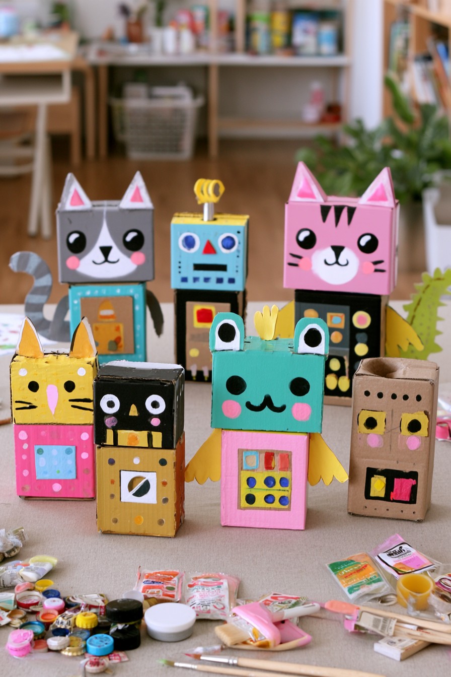 Robots and animal sculptures assembled from reused packaging boxes