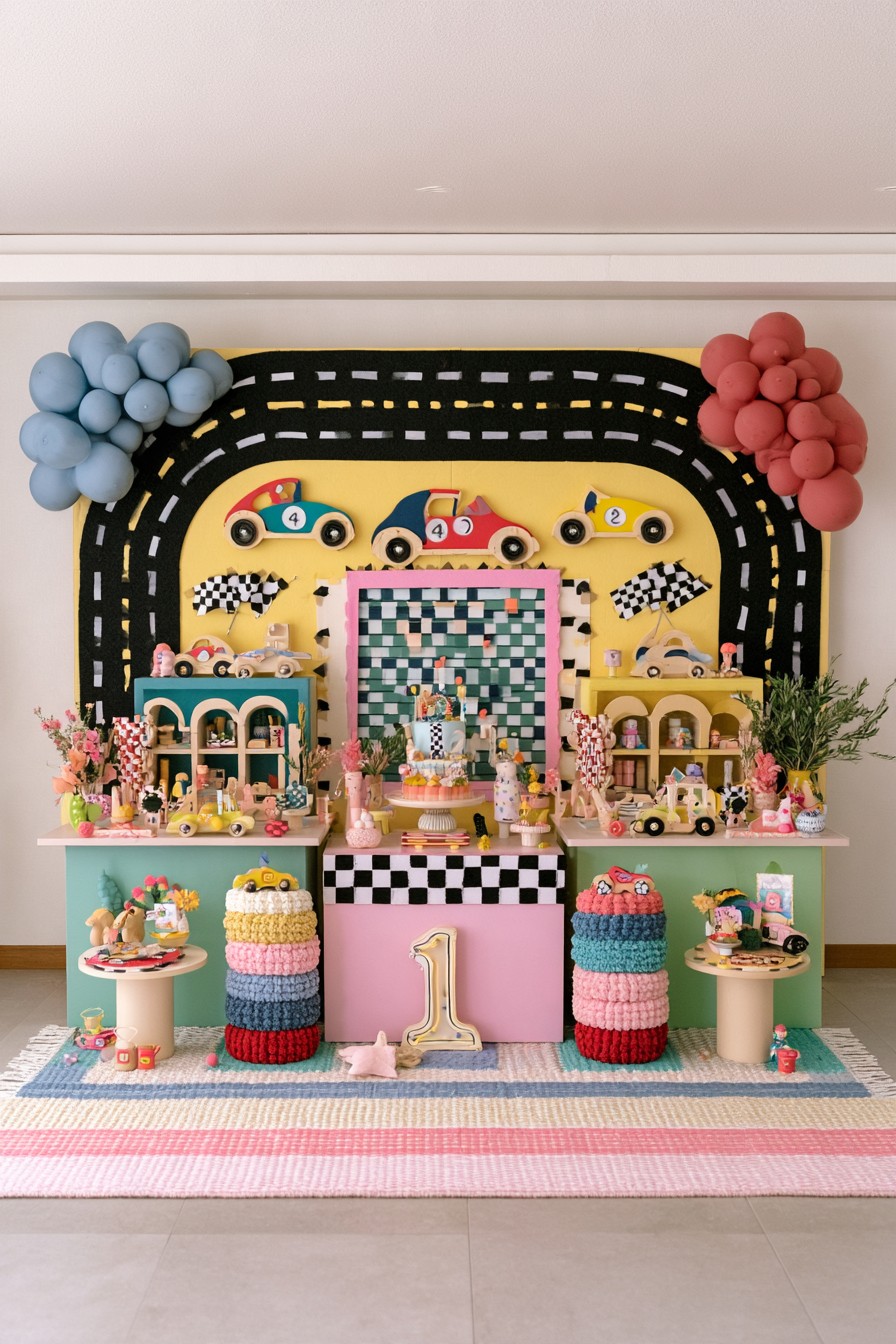 Colorful racing first birthday party garage