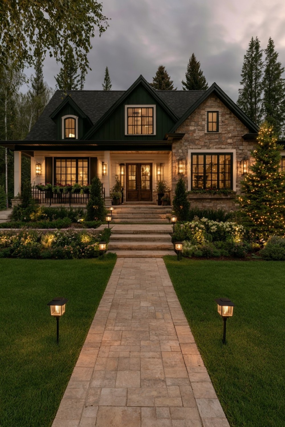 15. Layered Farmhouse Exterior Lighting Plan