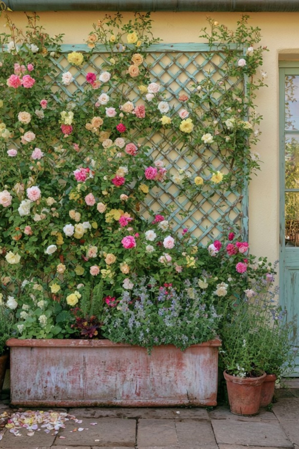 Compact container rose growing in a sheltered balcony corner