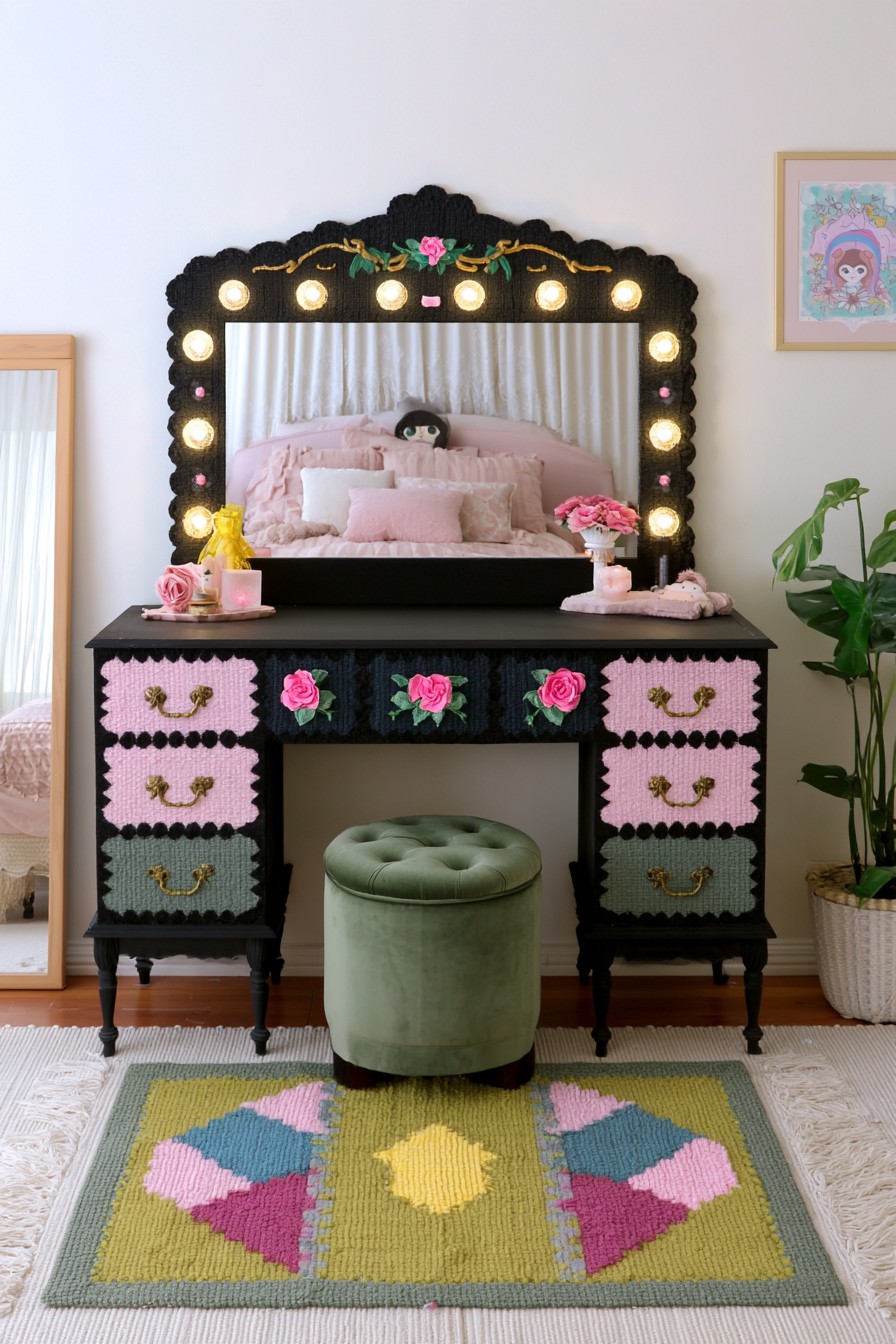 Crocheted drawer fronts with floral appliqués and brass pulls