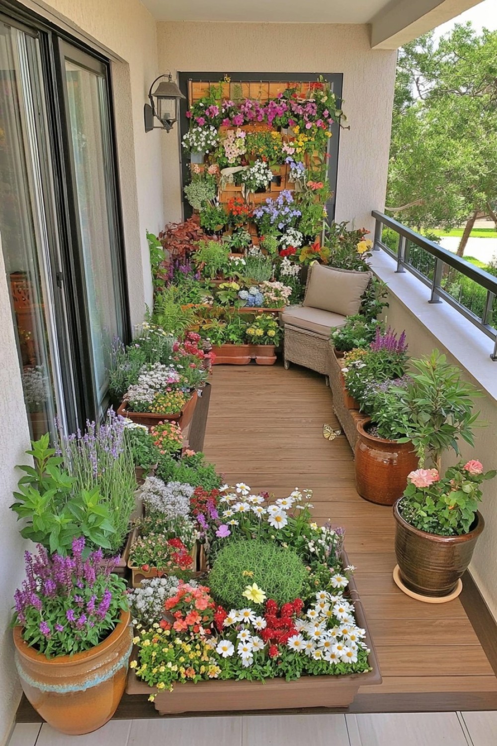 Pollinator-friendly balcony garden with seasonal flowers