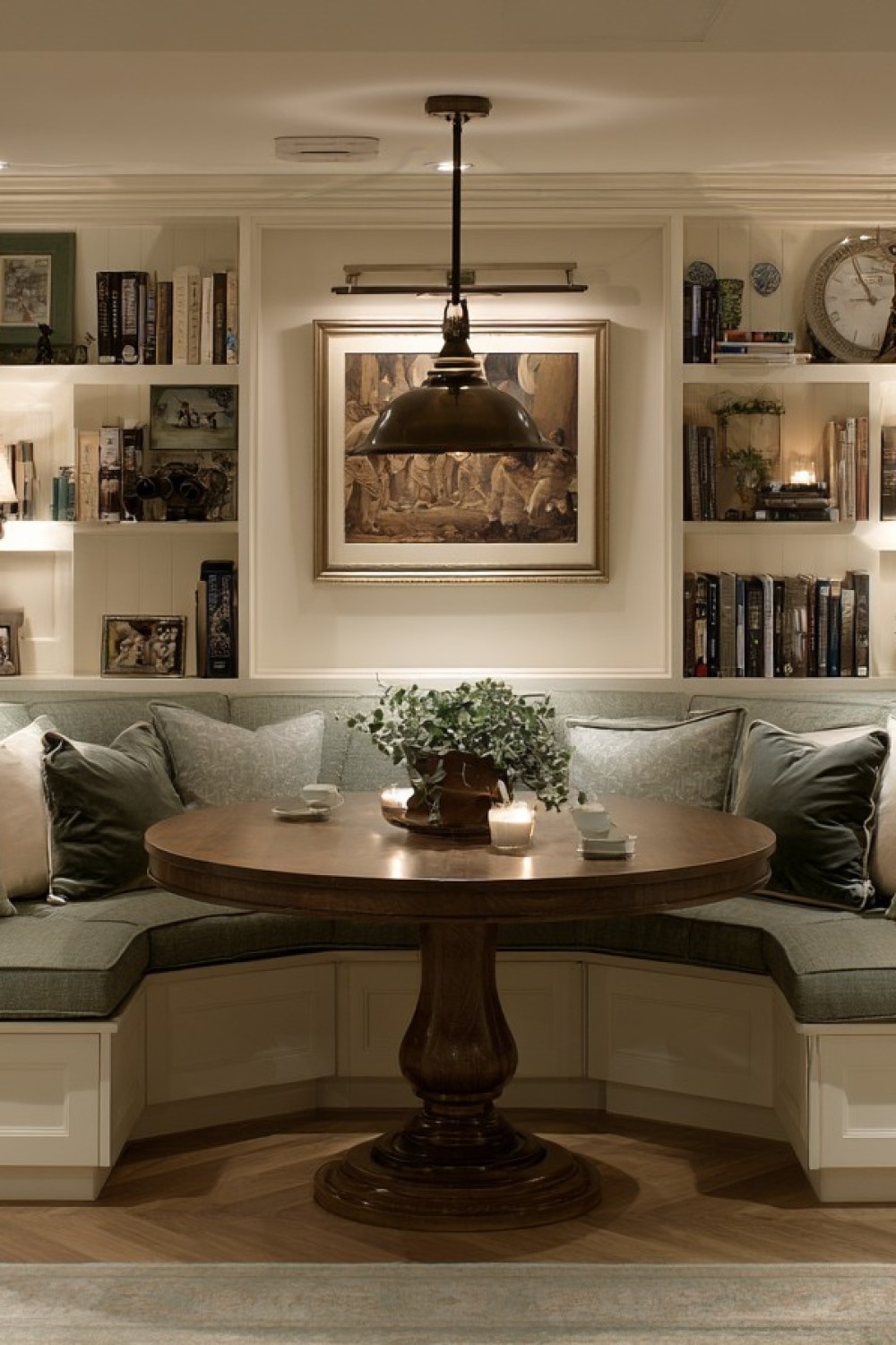Space-saving banquette dining area in a compact basement