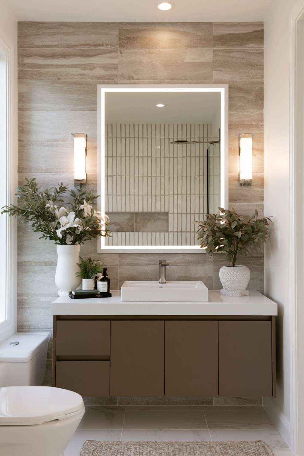 Small bathroom with a dramatic but practical end-wall feature