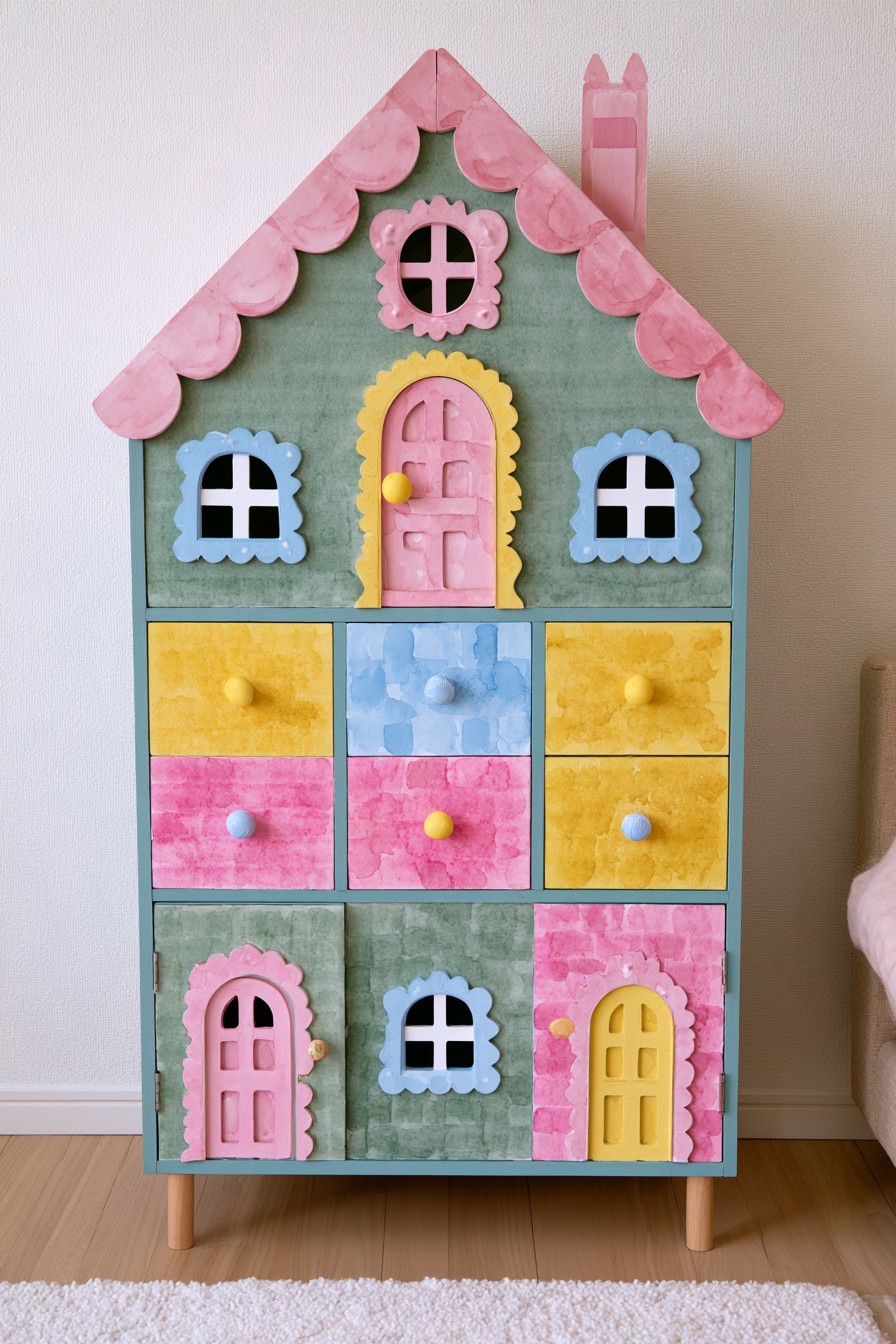 Pastel green pink yellow and blue dollhouse style painted storage cabinet