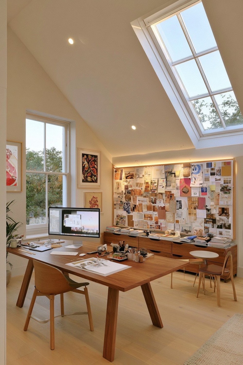 Creative attic home office with an integrated material sample wall
