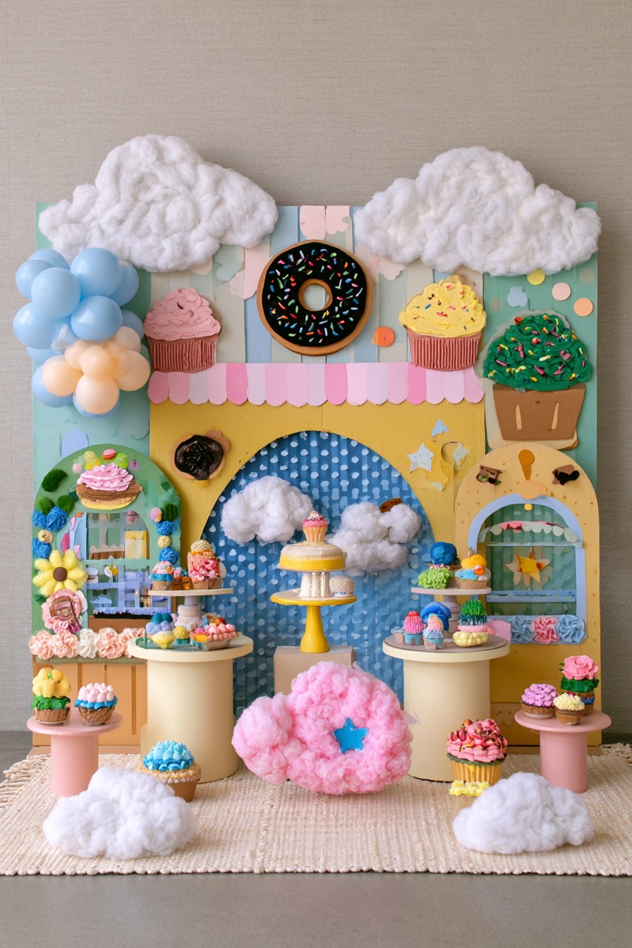 Whimsical sweet shop first birthday corner