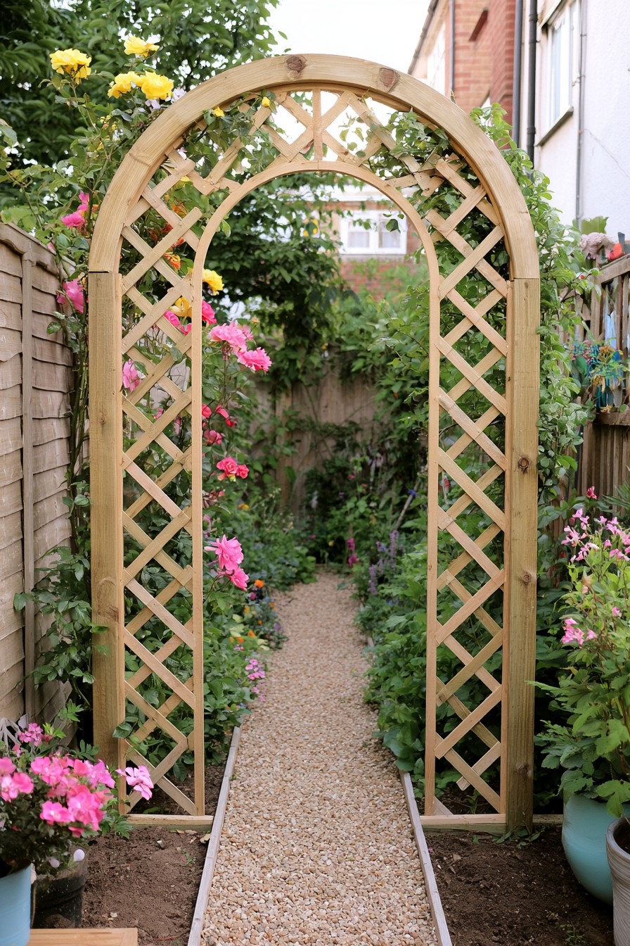 Wood garden arch supporting climbing plants