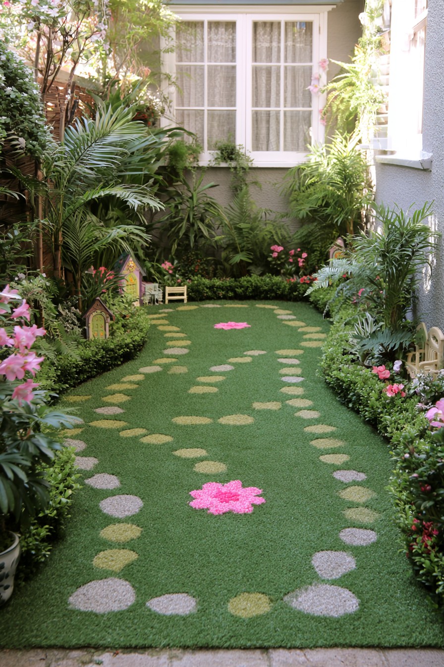 Open green courtyard with dotted stone trails and miniature houses along the rear border