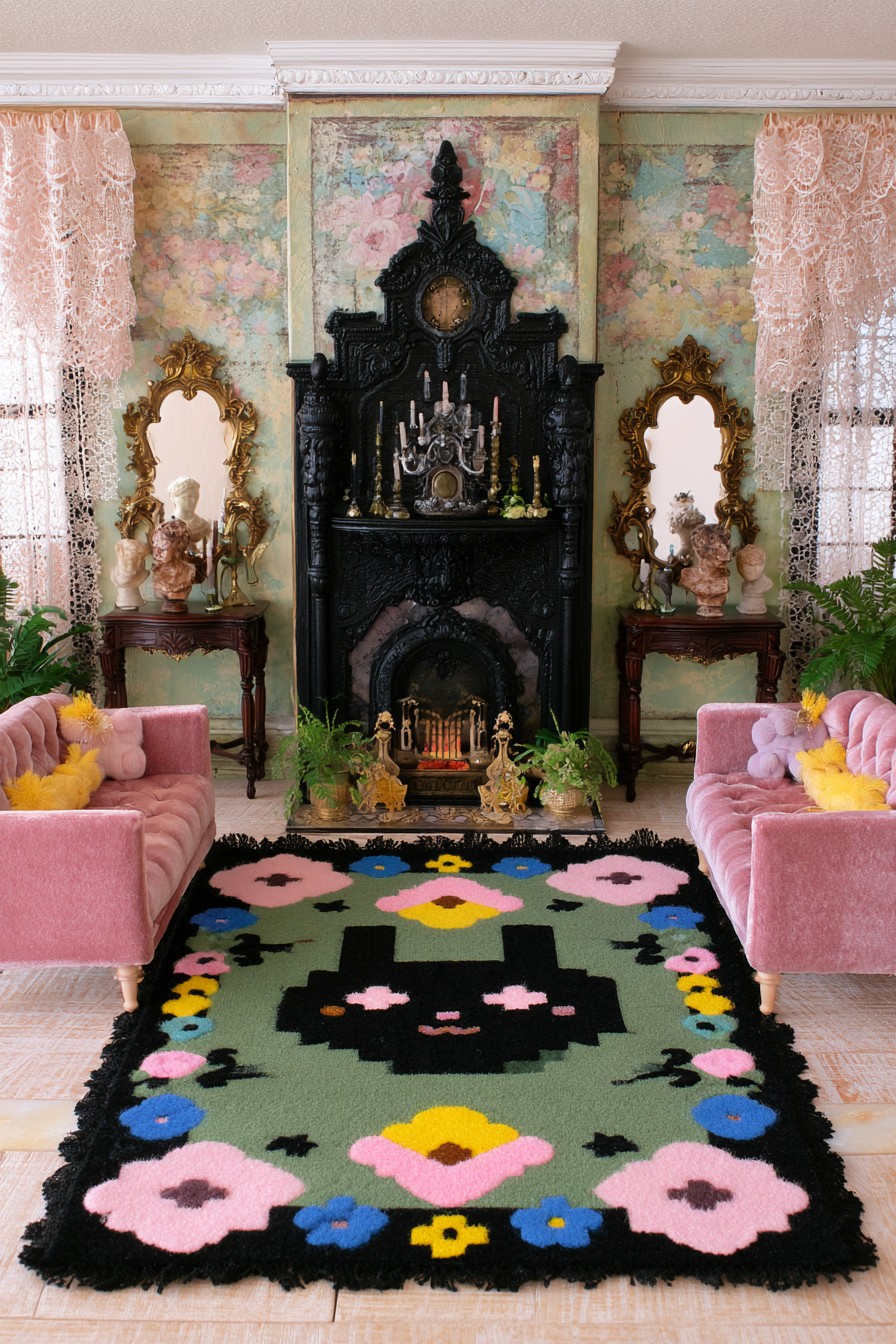 Tall carved black fireplace between blush sofas, floral wall panels, paired ornate mirrors, and pink lace curtains