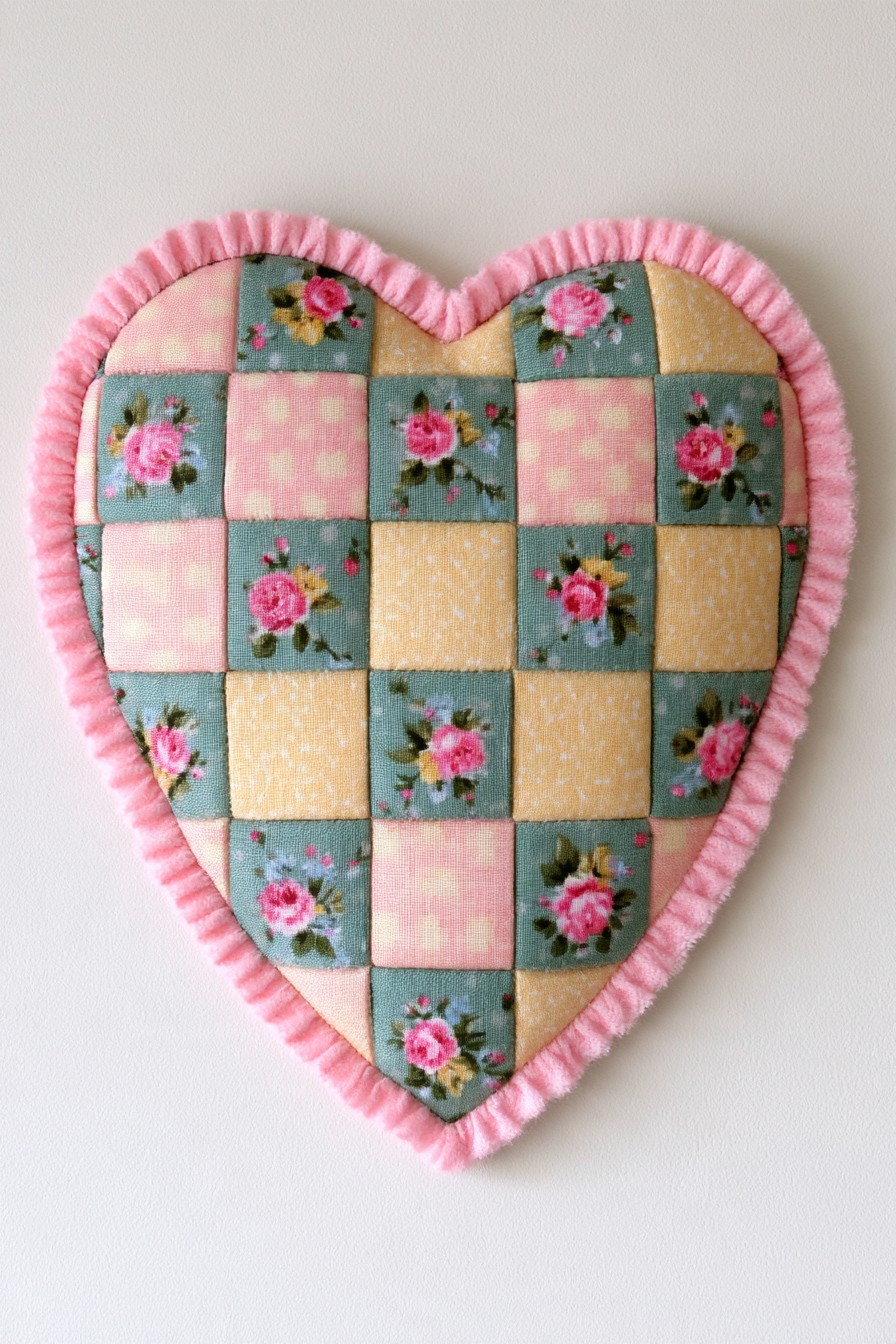 Patchwork heart pillow made with floral and gingham fabric squares